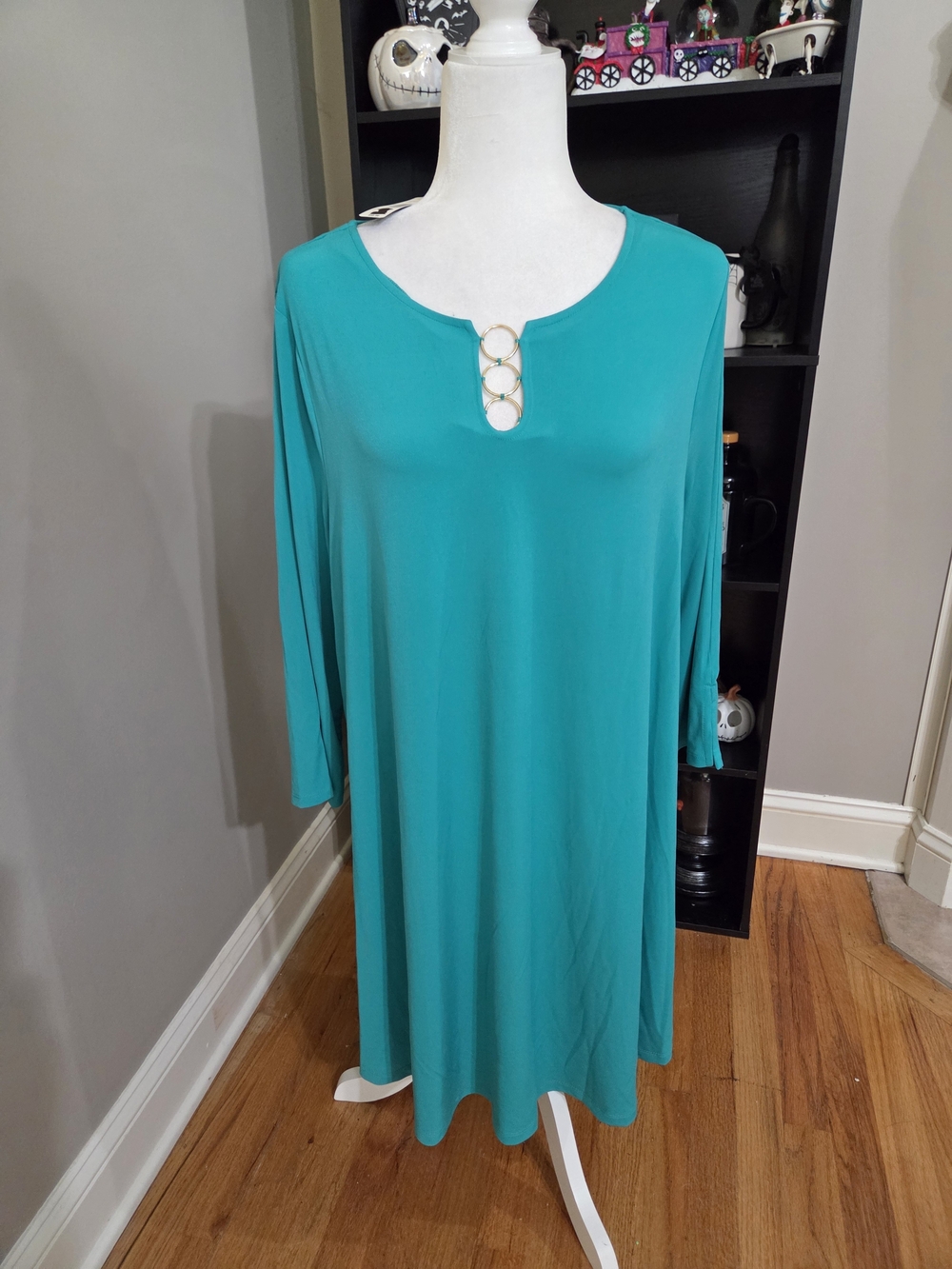 new directions Teal-Rich Long Sleeve Dress with Gold Ring Detail